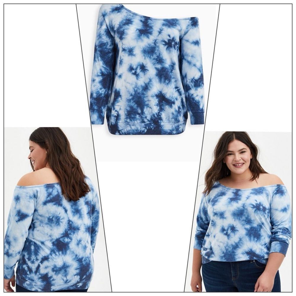 NWT Off-Shoulder Lt Weight French Terry Sweatshirt Blue White Size 0 = L